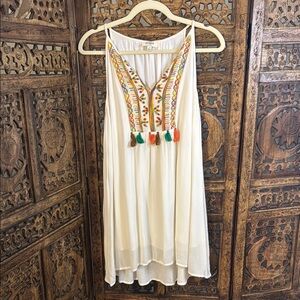 Umgee Cream Tunic/Mini-Dress with Multicolor Embroidery